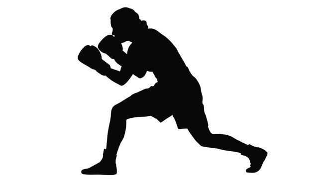 Professional female boxer practicing her punching technique while wearing protective gloves in a defensive stance position