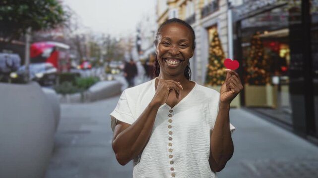 Young african american woman holding small red heart between fingers, smiling with eyes closed on a street; joy love.