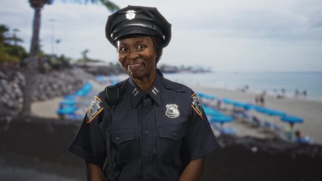 African american woman police officer smiles and raises hand showing badge and radio on a street; public confidence.
