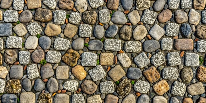 Seamless pattern of varied natural cobblestones and pebbles in earthy tones stone path texture natural stones