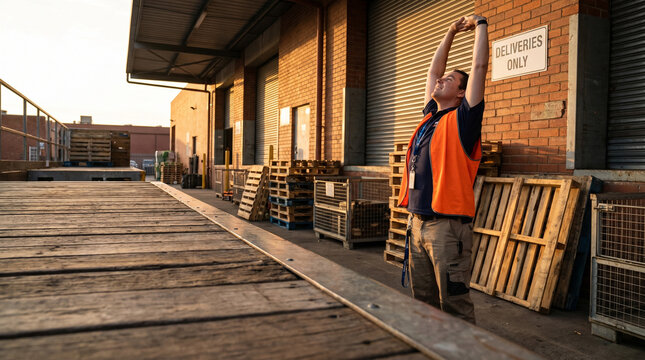Warehouse employee taking a selfie during break outside loading dock  