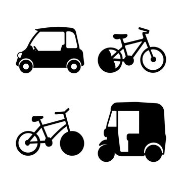 Four transport vehicles icon set - Minimalist vector icons of a micro car, bicycle, cargo bike, and auto rickshaw in black and white.