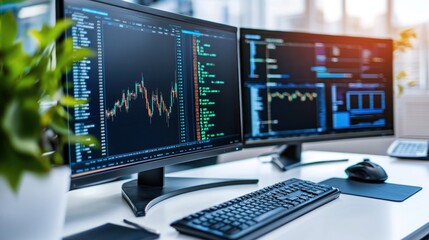 Fototapeta premium Dual computer monitors displaying stock market charts and data analysis.