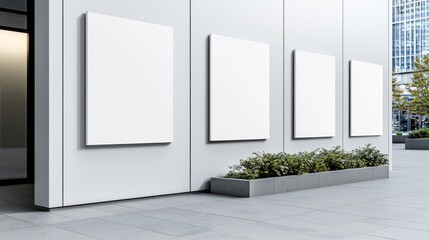 Fototapeta premium Four blank white posters on a modern building exterior wall with plants.