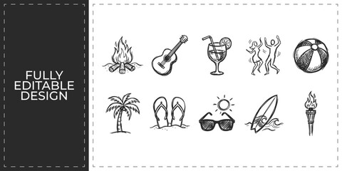 Set of summer beach icons with surfboard ice cream and sunglasses for tropical travel theme frontal isolated png on a transparent background perfectly cutout high resolution © Ashik  Khan