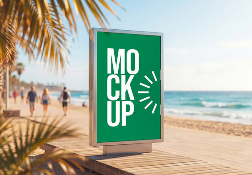 Vertical Outdoor Billboard Mockup on Tropical Beach Boardwalk with Palm Trees and Blurred People for Summer Advertising Branding