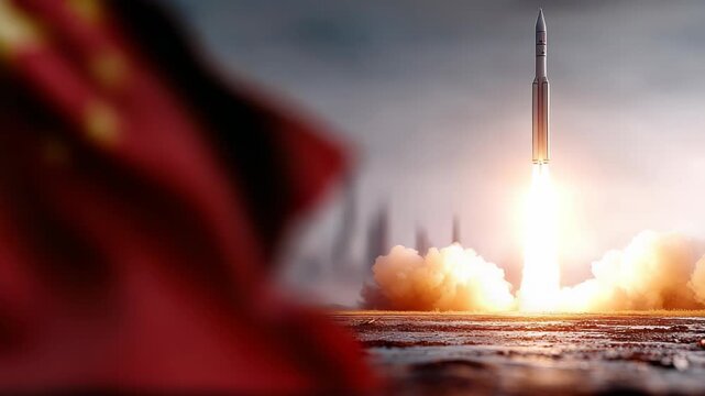 A missile launcher and rockets flying out against the background of the Chinese flag. Weapons , Military Power Concept. System of salvo fire. Nuclear bomb, chemical weapons. Geopolitical tension