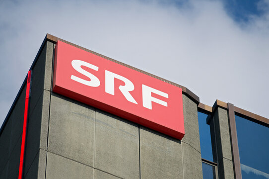 SRF SSR (Schweizer Radio und Fernsehen) television media sign at headquarters in Zurich
