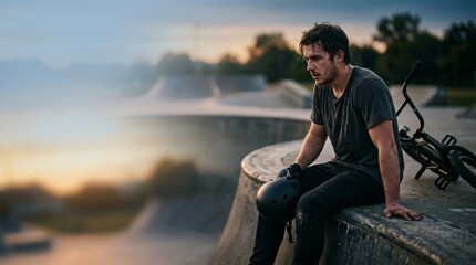 Naklejka premium Exhausted BMX rider sitting on a concrete ramp with bike at dawn