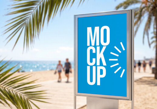 Vertical Outdoor Billboard Mockup on Sunny Beach Boardwalk with Palm Trees and Blurred Tourists for Summer Advertising Showcase