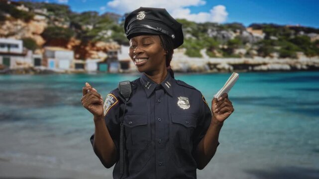 Woman police officer holding notepad and pen, smiling and gesturing with hands, radio clipped to shoulder, posed in studio with seaside backdrop; calm duty.