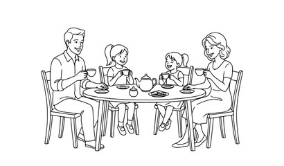 Fototapeta premium Happy family having tea together line art vector illustration parents and daughters isolated