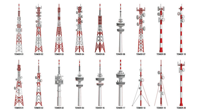 Collection of various industrial communication towers and radio broadcasting masts isolated on a white background