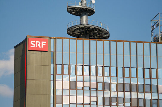 SRF SSR (Schweizer Radio und Fernsehen) television media sign at headquarters in Zurich