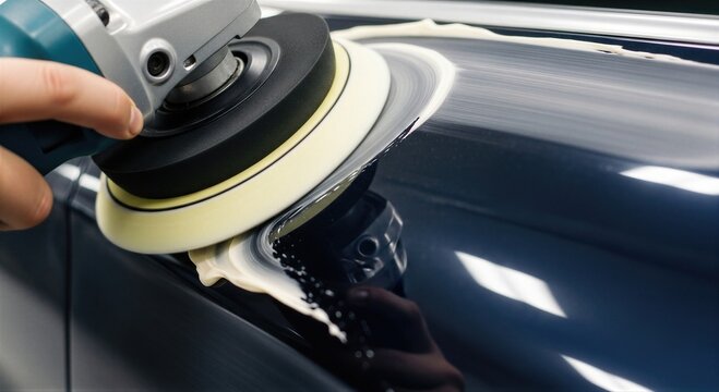 Detailer polishing blue car paint with rotary buffer tool. Professional vehicle maintenance and aesthetic care. Automotive restoration process for shiny surface. Repair and cleaning work.