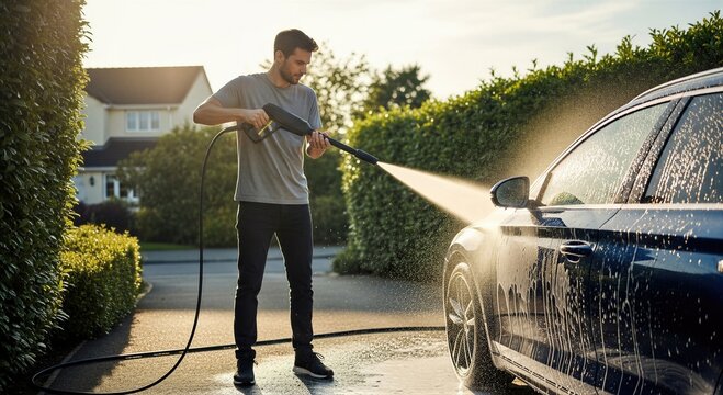 Man washing car with high pressure water jet sprayer. Young guy cleaning automobile at home driveway. Industrial maintenance and vehicle care technology for exterior surface decontamination.