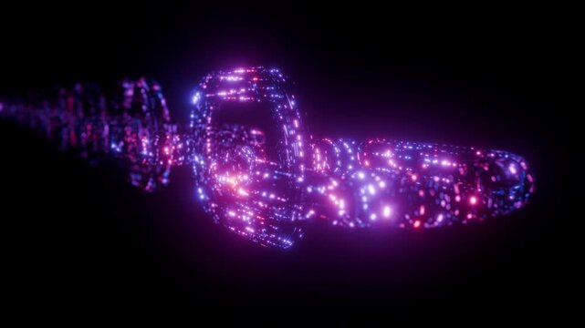 3D animation of a developing digital blockchain with data flowing in stylized neon streaks. 