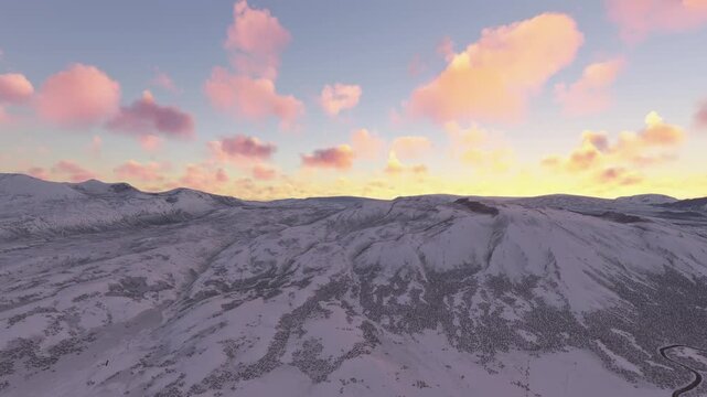 Side aerial drone shot of the snow at sunset of Thingvellir National Park in Selfoss. Iceland