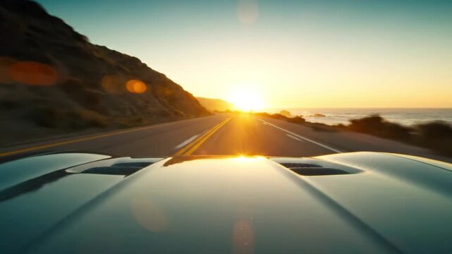 Sports car cruising along coastal highway at sunset in a cinematic steady cam pov shot for automotive and travel marketing