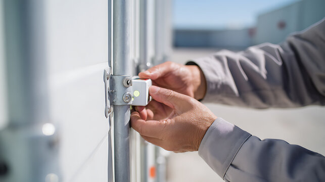 Close-up of hands secure advanced electronic tracking device on white cargo container door for logistics monitoring and asset safety
