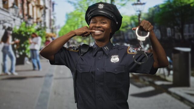 Woman police officer holding handcuffs and pointing finger to teeth on a city street while smiling broadly; playful pride.