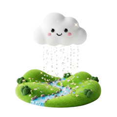 Naklejka premium Cute smiling cloud raining over a green valley