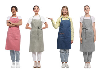 Obraz premium Women wearing different aprons on white background. Collection of portraits