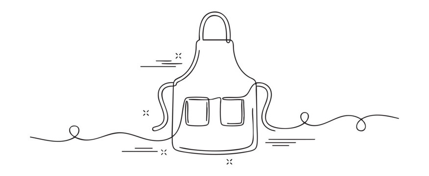 Minimalist continuous line drawing of a kitchen apron with pockets for cooking and service industry branding concept, vector illustration isolated on transparent background