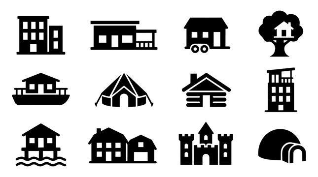Vacation Rental Property Silhouette Icon Set &ndash; Holiday Accommodation Types and Travel Homes