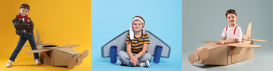Cute children playing airplane pilot. Collection of portraits on colorful backgrounds. Fun science for kids © New Africa