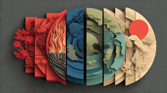 Paper-cut layered semicircle artwork depicting five Chinese natural elements, wood, fire, water, earth, and metal, in red, blue, and beige tones.