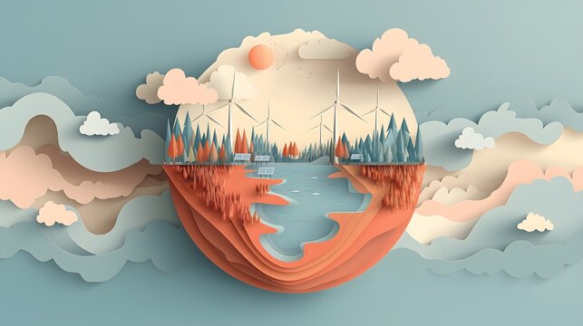 A 3D paper cut illustration of a sustainable world with wind turbines in teal and orange tones for ecological conservation concepts