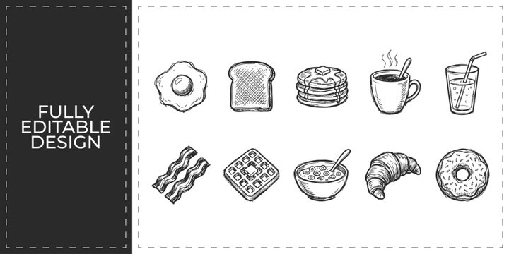 Set of breakfast icons with eggs toast and coffee for morning cafe and restaurant menu theme frontal isolated png on a transparent background perfectly cutout high resolution