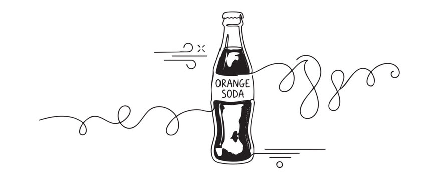 Hand drawn minimalist vector illustration of a bottle of orange soda featuring a continuous line art style for refreshment and summer beverage advertising concept