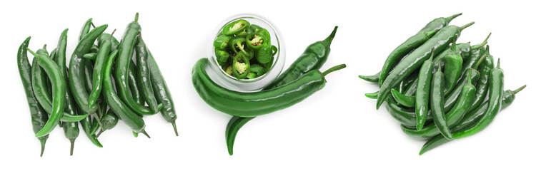 Green chili peppers isolated on white, set