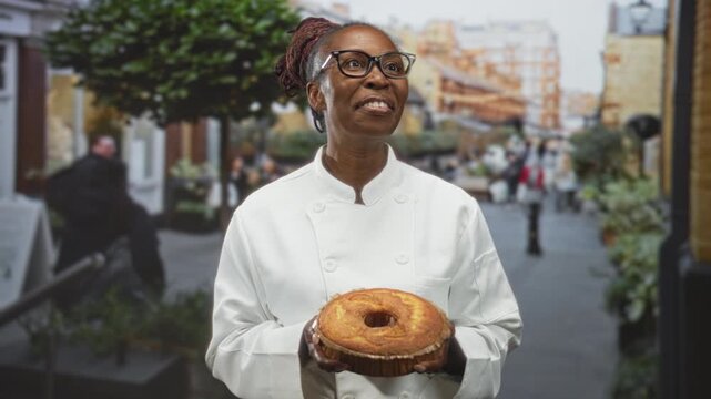 African american woman cook in white chef jacket holding a round cake with both hands on a street; pride celebration warmth.