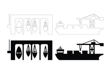 Naklejka premium Cargo ship and port crane icons for logistics and shipping with shipping