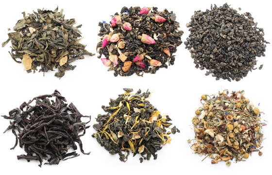 Different types of dry tea isolated on white, set. Top view