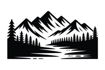 Mountain landscape with river and pine forest silhouette, mountain range © Sadek