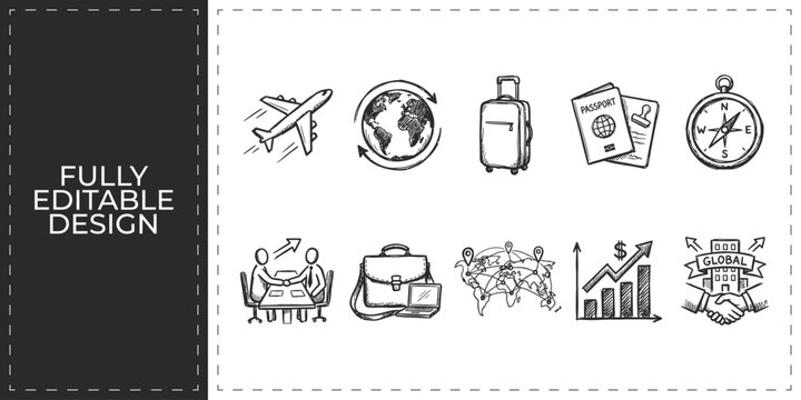 Set of travel and tourism icons with globe camera and passport for vacation trip branding frontal isolated png on a transparent background perfectly cutout high resolution