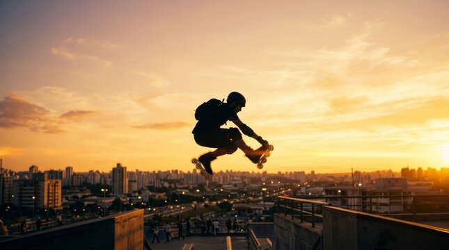 Professional inline skater performing a high jump over a city gap at sunset
