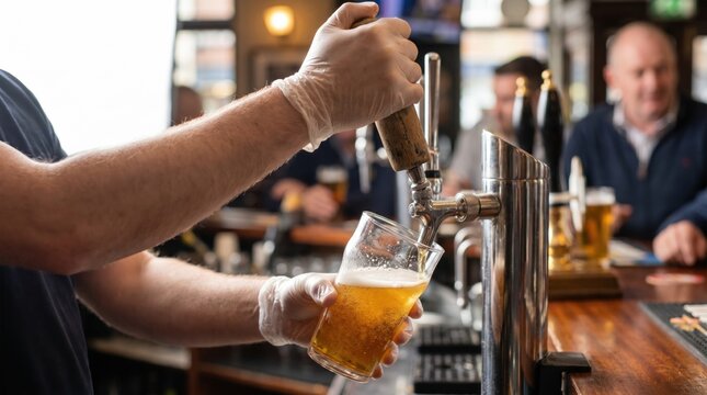 Bartender wearing clear plastic gloves pouring golden draft beer from a metal tap into a pint glass at a pub