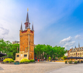 Fototapeta premium Belfry of Kortrijk Belfort bell tower and City Hall building on Grote Markt Courtrai Central market square in old town Kortrijk city historical centre, West Flanders province, Flemish Region, Belgium