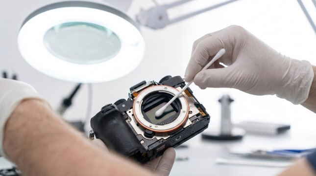 Camera technician wearing white gloves using a cotton swab to clean the exposed digital sensor of a professional mirrorless camera