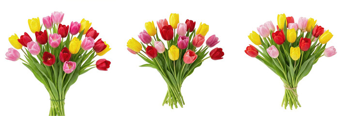 Obraz premium Beautiful Bouquet of Colorful Spring Tulips Isolated on White Background, 3D Flower Illustration for Mother's Day, Valentine's Day, Wedding Stationery, and Floral Boutique Branding Designs.