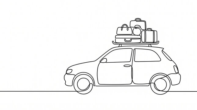 Car with luggage on roof rack for road trip in minimalist line drawing  