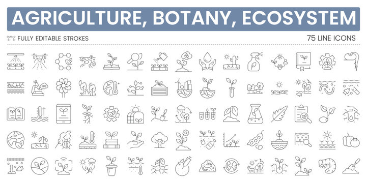 Agriculture and botany line icon set with ecosystem, farming, plants, growth, soil and sustainability symbols, editable stroke vector icons for web, app UI and environmental design