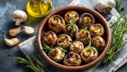 Fototapeta premium Roasted, baked mushrooms, homemade food. Top view, Food photo