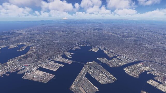 Circular aerial drone shot of Yokohama in Kanagawa with Fuji in background. Japan