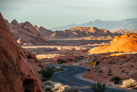 Valley of Fire State Park Nevada Scenic Desert Roads Winding Through Red Rock Formations and Sandstone Landscape at Golden Hour
